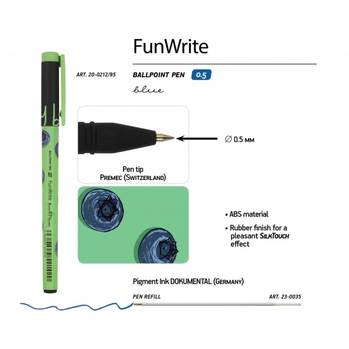 РУЧКА "FunWrite. Ягоды Графика Голубика ШАРИКОВАЯ, 0.5 ММ, СИНЯЯ