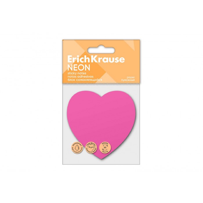 Бумага клейкая 50 л.Heart Neon розовый, фигурная, Erich Krause