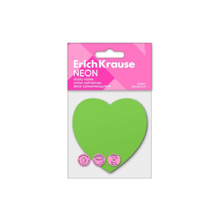 Бумага клейкая 50 л.Heart Neon зеленый, фигурная, Erich Krause