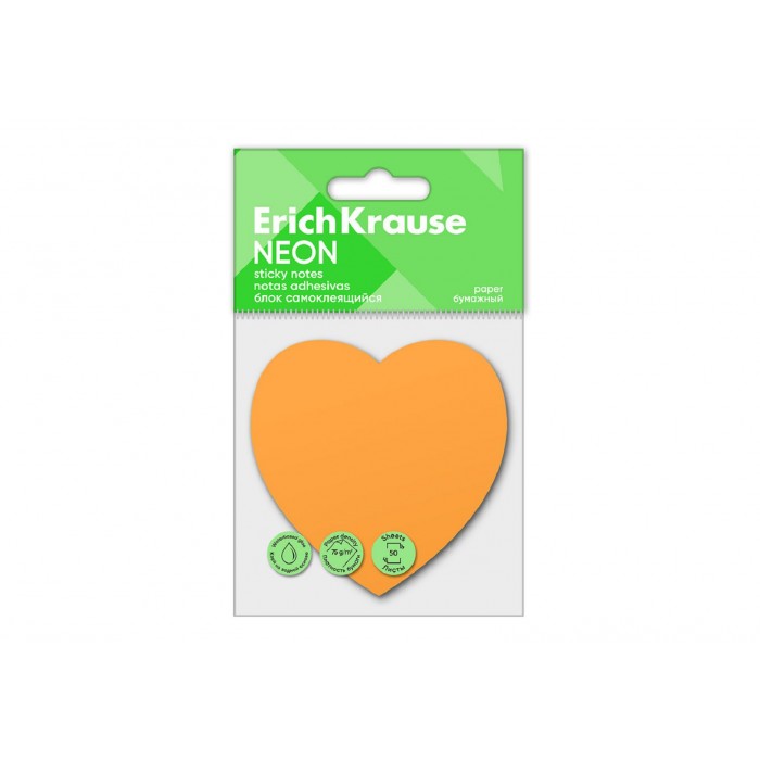 Бумага клейкая 50 л.Heart Neon оранжевый, фигурная, Erich Krause