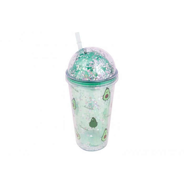 Стакан с трубочкой Авокадо с блестками, в ассортименте, 450 ml СП-5864