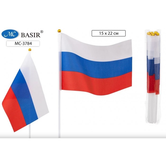 Флаг РОССИИ "Триколор" 14*21 см, искусств. шелк, на пластиковой трубочке