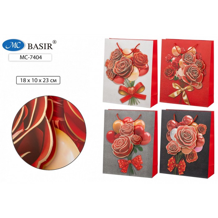 Пакет подарочный РОЗЫ 18*10*23см плотный,цветной с рисунком, объем.аппликация