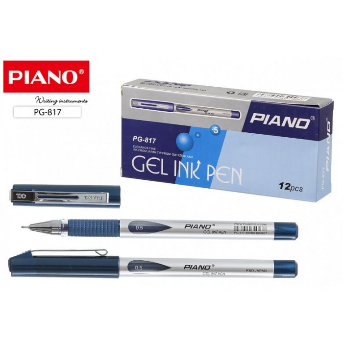 Ручка гелевая Piano 817 ,серебристый корпус, резиновый, рефлённный держатель,синий 0.5 mm.