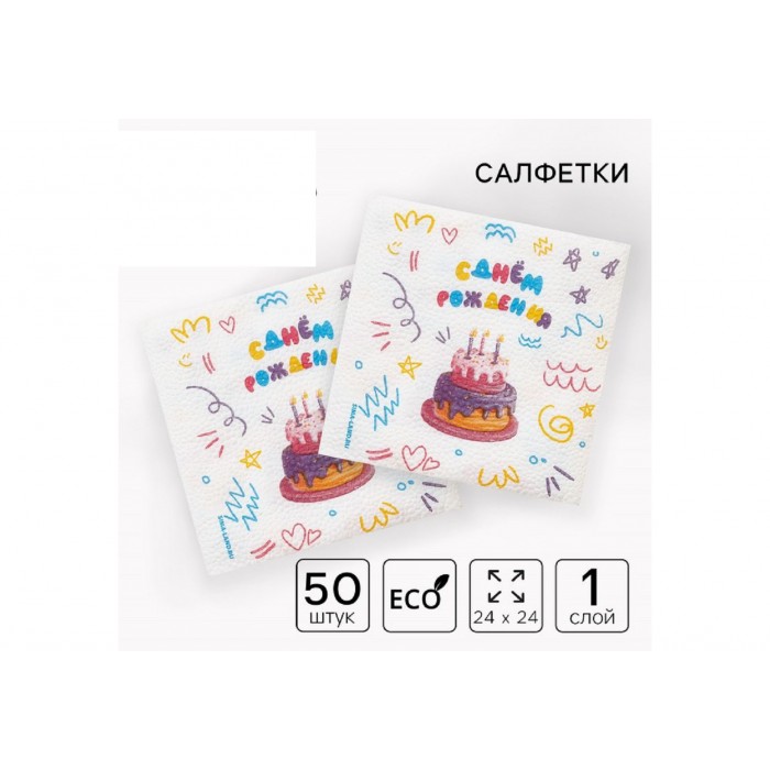 Салфетки бумажные С днем рождения,торт 24*24см 50шт