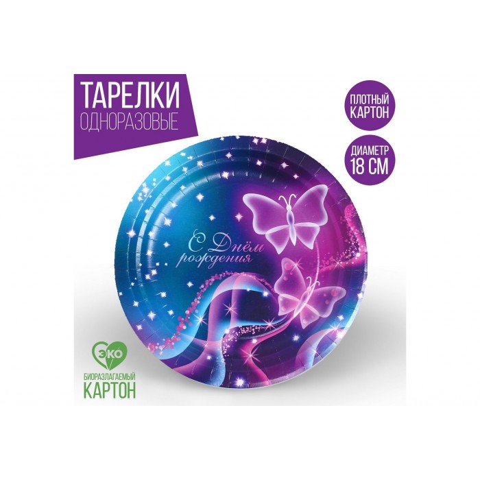 Тарелка бумажная "С днем рождения" бабочки 18см