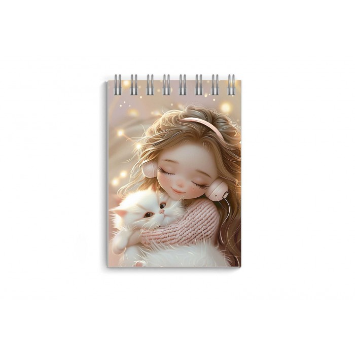 Блокнот А7 40л # ДЕВОЧКА В НАУШНИКАХ И КОТЕНОК 65г/м, гребень по короткой стороне